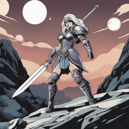 [comics Head Lopper style by Andrew MacLean] A muscular female warrior in ornate armor, wielding a sword, stands on a rocky cliff overlooking a vast, alien landscape with two moons in the sky. A fierce tarn flies overhead