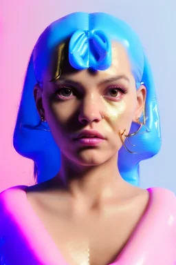 Ultra Realistic image, Rosalía artist, casual portrait, normal complexion, natural small busty, two bows, little chopsticks hair ,black eye long liner, latex t-shirt, inflatable open coat, gold pink and blue style, spray line glow make up, geometric led jewelry, fog, hot, inflatable style latex coat, vibrant color, highly detailed, art stations, concept art, smooth, unreal engine 5, god rays, ray tracing, RTX, lumen lighting, ultra detail, volumetric lighting, 3d, finely drawn.