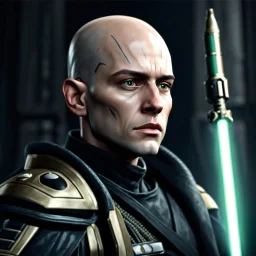 star wars bald male corellian jedi pilot wearing black and gunmetal grey old republic armored robes with gold trim inside the jedi temple holding a lightsaber with viridian green blade in left hand, centered head and shoulders portrait, hyperdetailed, dynamic lighting, hyperdetailed background, 8k resolution, volumetric lighting, light skin, fully symmetric details