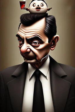 mr bean as the mafia godfather, 4k, trending art, weird perspective, realism, spray paint, detailed