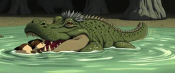 realistic anime crocodile hippo with fluffy hair, doing dog things and eating small dog in the style of fallout 4 and giger and escher