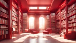 Modern red library interior with sunlight. Decor and desing concept. 3D Rendering