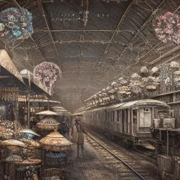 Insanely detailed photograph of an “artitcture plans of a city market at a train station ” with intricate gears, intricate embroidered band, hyperdetailed painting by Ismail Inceoglu Huang Guangjian and Dan Witz CGSociety ZBrush Central fantasy art album cover art,8K, hdr, romantic, mysterious, ominous, flowers, jewelry, steam,oil,cafe,street vendors