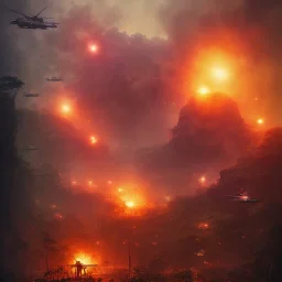 vietnam war. war report. napalm in jungle. bokeh. lens flare. warm lights. high detailed. beksinski