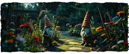 darkest gnome in bright garden , pinhole cam, airbrush 3d rendering, in the style of John Atkinson Grimshaw , torn edges on border