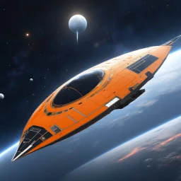 ethereal orange flat spaceship, ukiyo-e-inspired Glider class, triangular shaped, flat, with a flat energising circle disk (non-SubD) PBR textures (base color, roughness, normal, emission )Provided in BLEND, FBX and OBJ format flying in outer space above stars