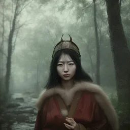 wonderfull japanese woman, big chest, in rain, portrait, viking costume, village, meditation, woods, cyberpunk, 8k quality