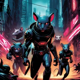 Cómic ot (Catman: 1.5) cyberpunk chases three humanoid rats that are running around in terror