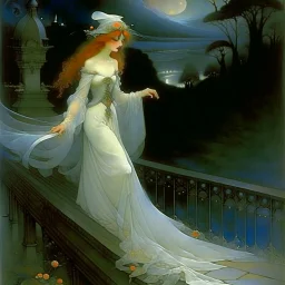 THE GHOST IS STILL DANCING AT NIGHT ON THE OLD COUNTRY BRIDGE. Alphonse Mucha. Leonor Fini