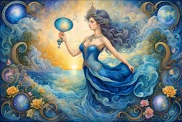 In the style of Josephine Wall, Wide view, Aquarius, the sign of the zodiac, detailed, elegant, complex, award winning masterpiece,