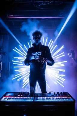 French cool synth player, he is called "Jean-Maurice Brûlée" performing at dance club, his name is "Jean-Maurice Brûlée" , white and blue Neon lights and smog, and "URANIUM" big sign on the wall, he is playing on synthesizers on stage with lot of laser beams and wearing black sunglasses