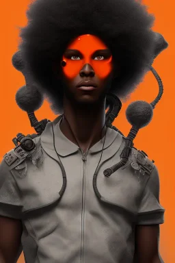 3D render of a cyberpunk tribal young black man, black afro hair, ragged shirt, on a orange dune background, digital art