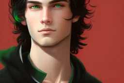 a young male with shoulder length black hair and green eyes, slight smile