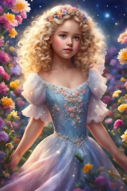 A girl with curly blonde hair and angelic eyes danced in the night amidst the colorful blooms of spring flowers, her pearl princess dress sparkling in the evening air, dispelling gloom with her beauty and grace. highly detailed, digital painting, beautiful, adorable digital painting, high quality, 4k