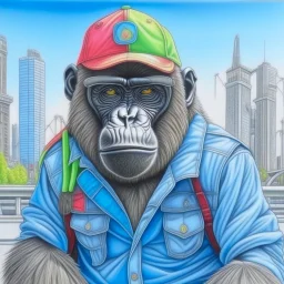 Hermoso dibujo a lápiz coloreado de gorila con chaqueta, gorra y anteojos de playa, obra de arte, calidad ultra, maximalista, 12k , fondo de ciudad