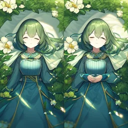 anime girl sleeping in a field of flowers, under a weeping willow tree, with a btterfly on her nose, zoom out, making the image smaller