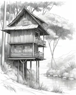simple tree hut on bamboo tee pen line sketch Inspired by the works of Daniel F. Gerhartz, with a fine art aesthetic and a highly detailed, realistic style