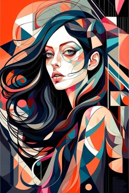 Neo Surrealism, whimsical art, Analytical Cubism Illustration Design a perfect pretty girl, black long hair, Split-Complementary color guide, Plasma Energy Texture, abstract background, girl, Pose with movement, often for geometric deconstruction, monochromatic palette, or fragmented forms.