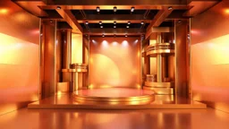 a 3d recursive structre stage made of metallic color 3d structures, pertty artistc background,dynamic lights