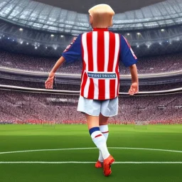 A tiny Donald Trump in a referee jersey officiating for a soccer match at Wembley Stadium