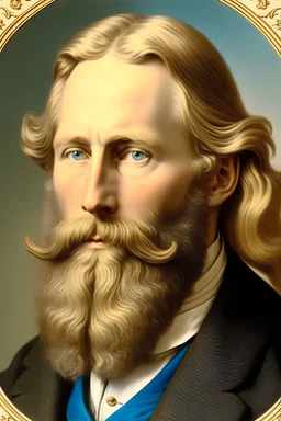 Portrait d'un homme grand , blond aux yeux bleus , barbu et cheveux longs en 1890