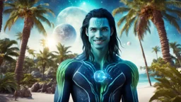 beautiful gorgeous young man na'vi with long hair, Avatar, blue skin, two small ears, green eyes, black hair, in cosmic suit, galactic ambiance, medium pointy goatee , smiling, with spaceship and planets and palm trees and clear crystaline cosmic beach in background