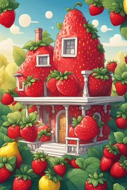 A cartoon advertising poster and a dazzling background for a house shaped like strawberries and lemons Without coloring