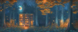 long distance view a library in forest with fireflies and orange mystic lights around trees that have wide leaves and broad trunked. Night with moon light. Realistic