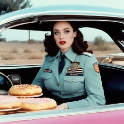 [psychedelic movie by Russ Meyer] Kat Dennings as a policewoman in a car with donuts, vintage 1970's photo