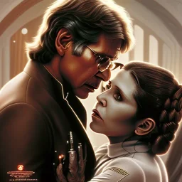 old carrie fisher embracing harrison ford, waist up portrait, photorealistic faces, intricate, oil on canvas, masterpiece, expert, insanely detailed, 4k resolution, cinematic smooth, intricate detail , soft smooth lighting, soft pastel colors,