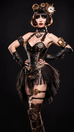 Full Body photo of a steampunk burlesque Woman With A Bob and a Fringe Hairstyle, Black Background