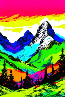 Paisaje montaña, brillante, majestuoso,radical al estilo Andy Warhol