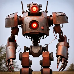 trash mech suit, human-sized, made of scrap metal, cockpit, light rust, round, one red glowing eye, loose wires, escape hatch