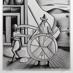 hand drawn in single line by Nicolai Blatter with hatch with parallel wavy lines metal engraving representing the Adventures of Don Quixote de la Mancha in bosch style or salvador dali style