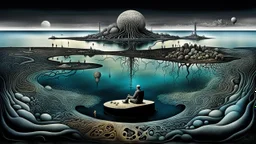 one alone human sitting on deep dark colors little island on big ocean, next the island close alone human there is beautyful landscape with with cites and with many humans, . normal neurotipical lifes contrast the weird inner world with neurodivergens soul and mind,, style of Chagall, of Bosch of Giger. Weird absurd beauty in background neuronic network and normal landscape Whimsical surreal vibe, cinematic