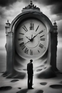 Concept photo, artistic photo, illusion, surrealism, black and white, man in search of meaning, big clock