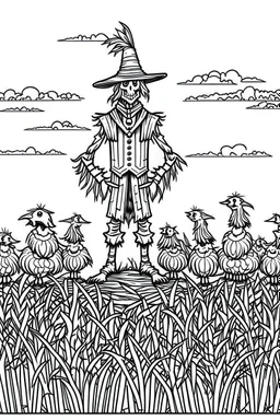 A scarecrow standing in a cornfield, with crows circling overhead. Outline, sketch style, only use outline, mandala style, clean line art, white background, no shadows, no clear wall, coloring page.