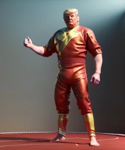 Donald trump wrestling fighter, naked, red breeches, retro style, 80s, hot ambient, photo studio, red, gold, vibrant color, gradient, highly detailed, art stations, concept art, smooth, unreal engine 5, god rays, ray tracing, RTX, lumen lighting, ultra detail, volumetric lighting, 3d, finely drawn, high definition, high resolution.