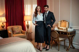 very beautiful lady with beautiful midi skirt and blouse standing next to her couple in a luxury bedroom with high heels next to makeup desk looking to camera