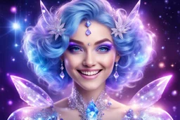 beautiful bright fairy cosmic women with cosmic hair, crystal jewel and dressed with a magic crystal suit. she has light make up and a sweety smile