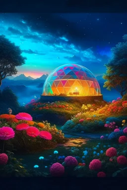nighttime, rainbow dome among rose trees, forest, trees, flowers, fairy lights, night, 8k, high quality, trending art , sharp focus, studio photo, intricate details, Bosch painting style highly detailed, clouds and fog