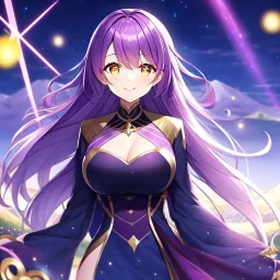 girl, masterpiece, best quality, volumetric lighting, detailed outfit, perfect eyes, long hair, purple hair, golden eyes, landscape, reflective water, shooting stars, night, fireflies, smile,