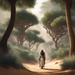 an Arabic wanderer, a Dharma Bum of the desert, lost amidst the towering trees and tangled undergrowth of a mysterious forest. Clad in his traditional kandura and cheich, symbols of his heritage and identity, the Arabic wanderer stands at a crossroads of worlds, his eyes reflecting the flickering shadows of the forest canopy above.