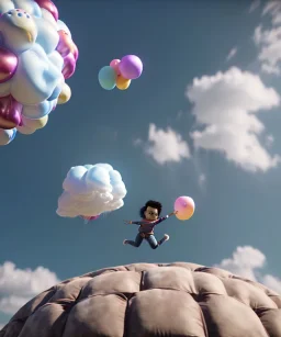 Ultra realistic clouds sky scene, wide angle, sweet childs, free jumping flying, trinkets, monster hair, hair monster, jelly beans, balls, smile, happy, circus style, inflatable color clothing, extreme, wind, clouds sea, 20,000 feet altitude, stratosphere, soft color, highly detailed, unreal engine 5, ray tracing, RTX, lumen lighting, ultra detail, volumetric lighting, 3d, finely drawn, high definition, high resolution.