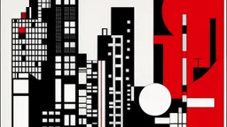 A minimalist and geometric illustration by Malevich and Kuniyoshi of a black and white city with an anarchist red and back flag.