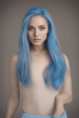 Blue hair, brown eye, woman, attractive, athletic build