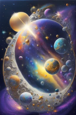 A 3D fantasy painting of an enchanted galaxy in space with bright and shiny silver and gold stars and colourful glittery planets.