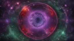 matrix universe, space, planets, god creation. purple, dark green and red,