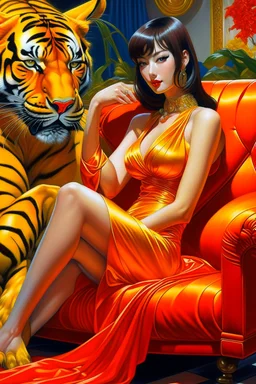 A digital painting by Kuniyoshi and Sorayama of a beautiful gynoid with a yellow dress sitting in a red couch next to a tiger's head.