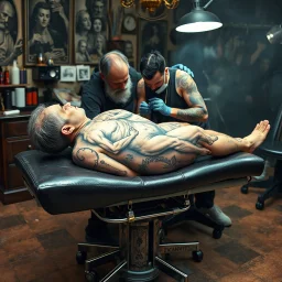 man with a full back tattoo of the Creation of Adam laying face down on a reclining tattoo parlor gurney, background is a seedy tattoo parlor, tattoo artist who looks like Michelangelo is putting the finishing touches on the tattoo